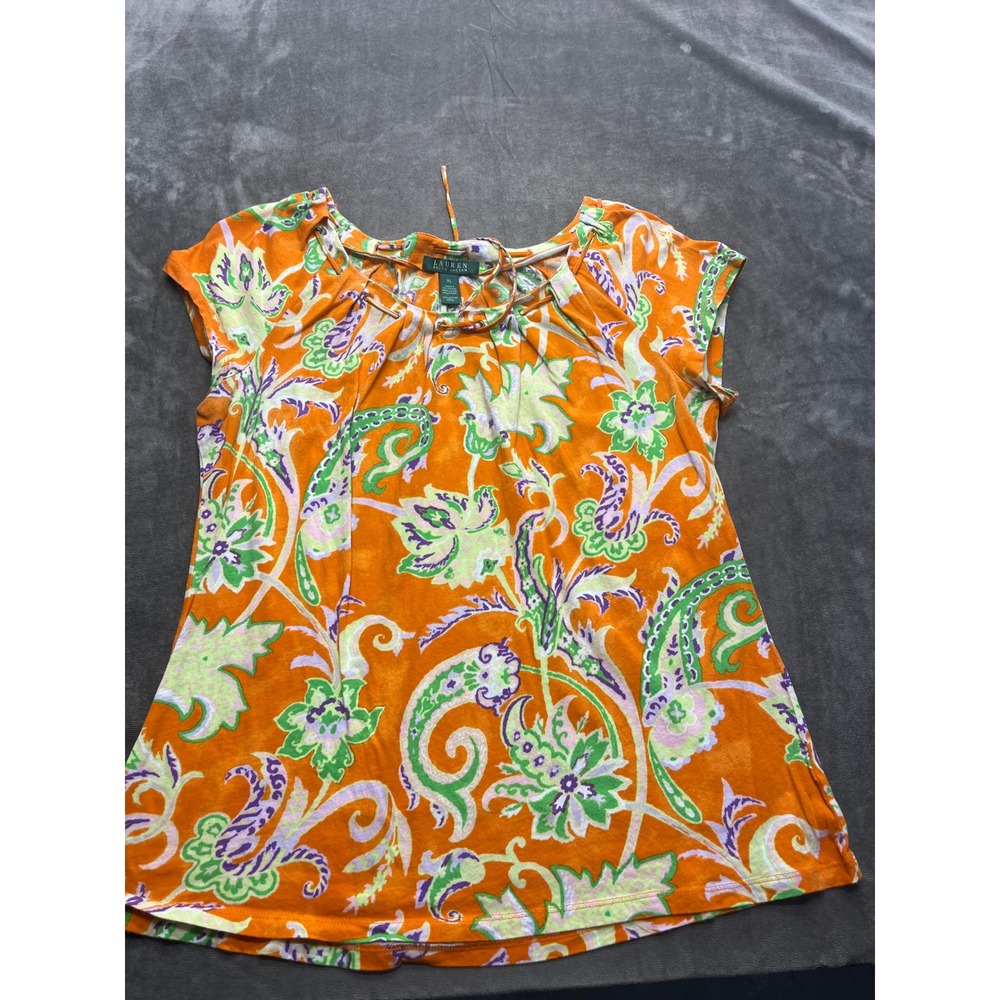 Lauren Ralph Lauren Orange Paisley Cotton Drawstring Neck Top XL Short‎ Sleeve